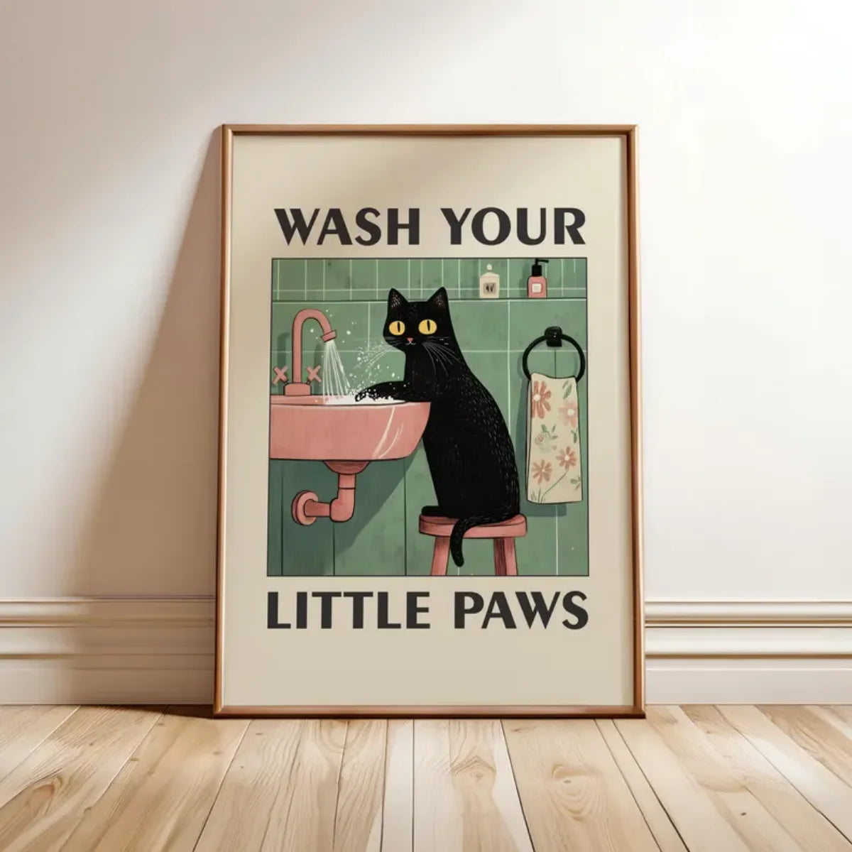 Funny Cat "Wash Your Paws" Canvas Wall Art | Bathroom Decor
