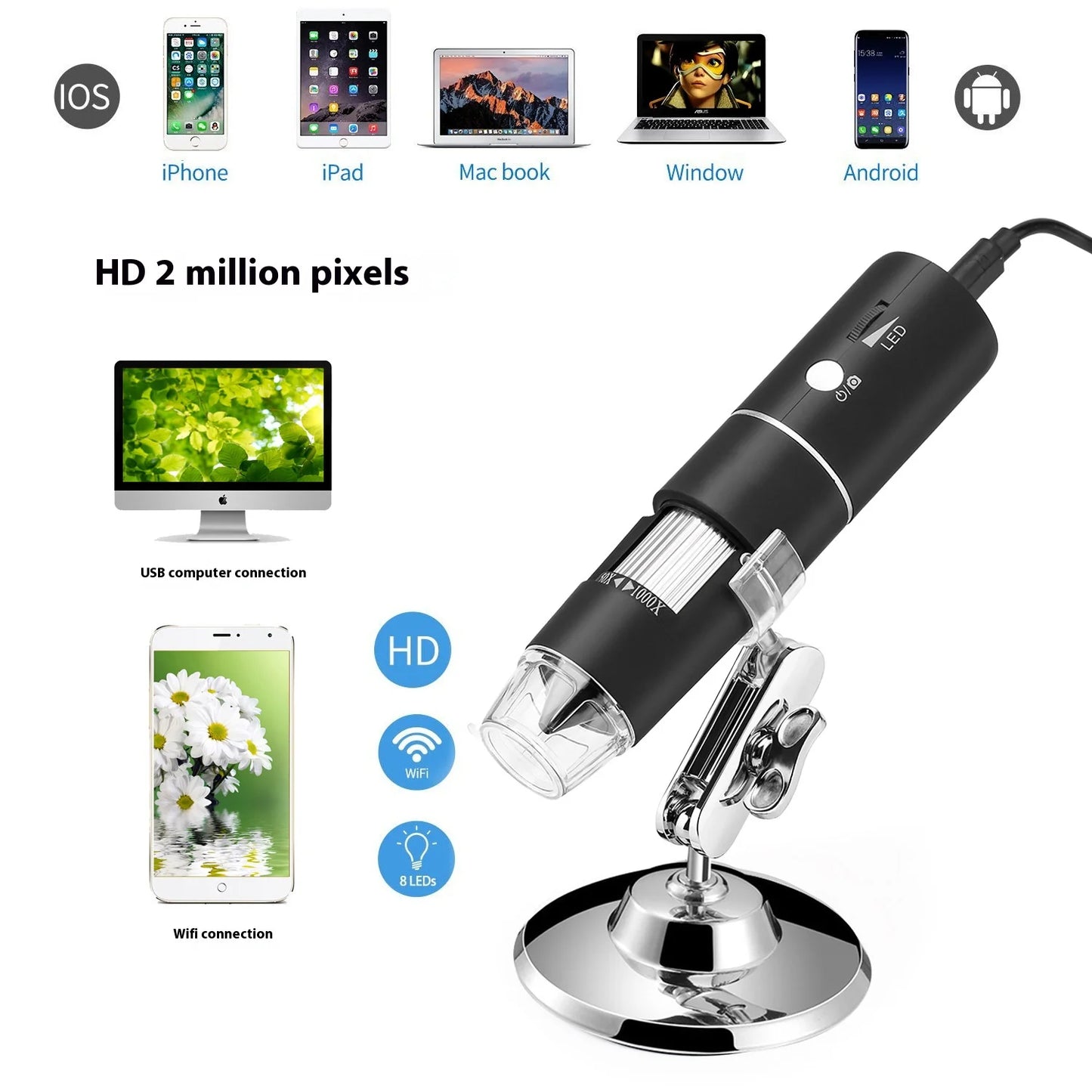 Wifi Handheld Industrial Digital Microscope, Biological Mobile Phone Maintenance, Usb Video Electronic Magnifying Glass 1000X Peaceful Pleasures Health and Wellness