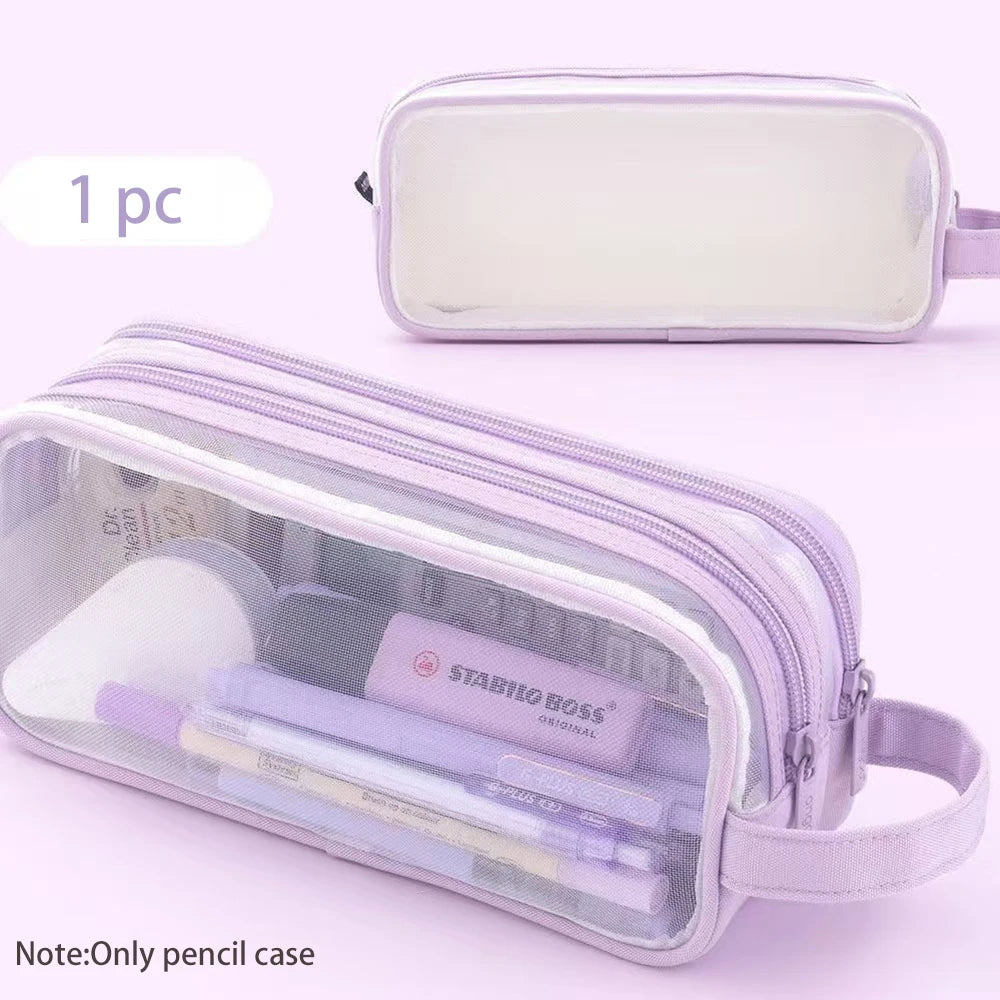 Mesh Double-layer Pencil Case Large Capacity Student Creative Simple