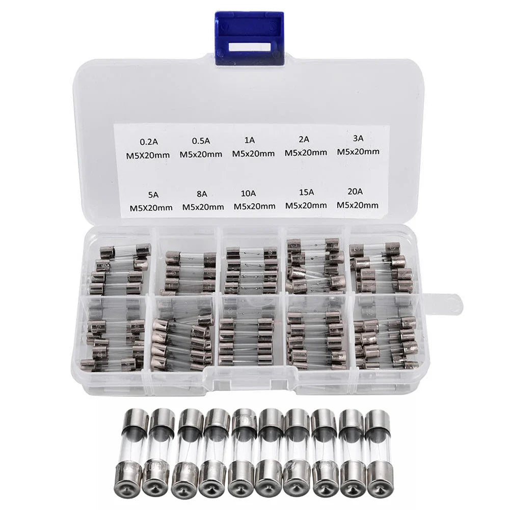 100-Piece Glass Tube Fuse Kit 0.2A–20A 250V Fast-Blow 5×20mm