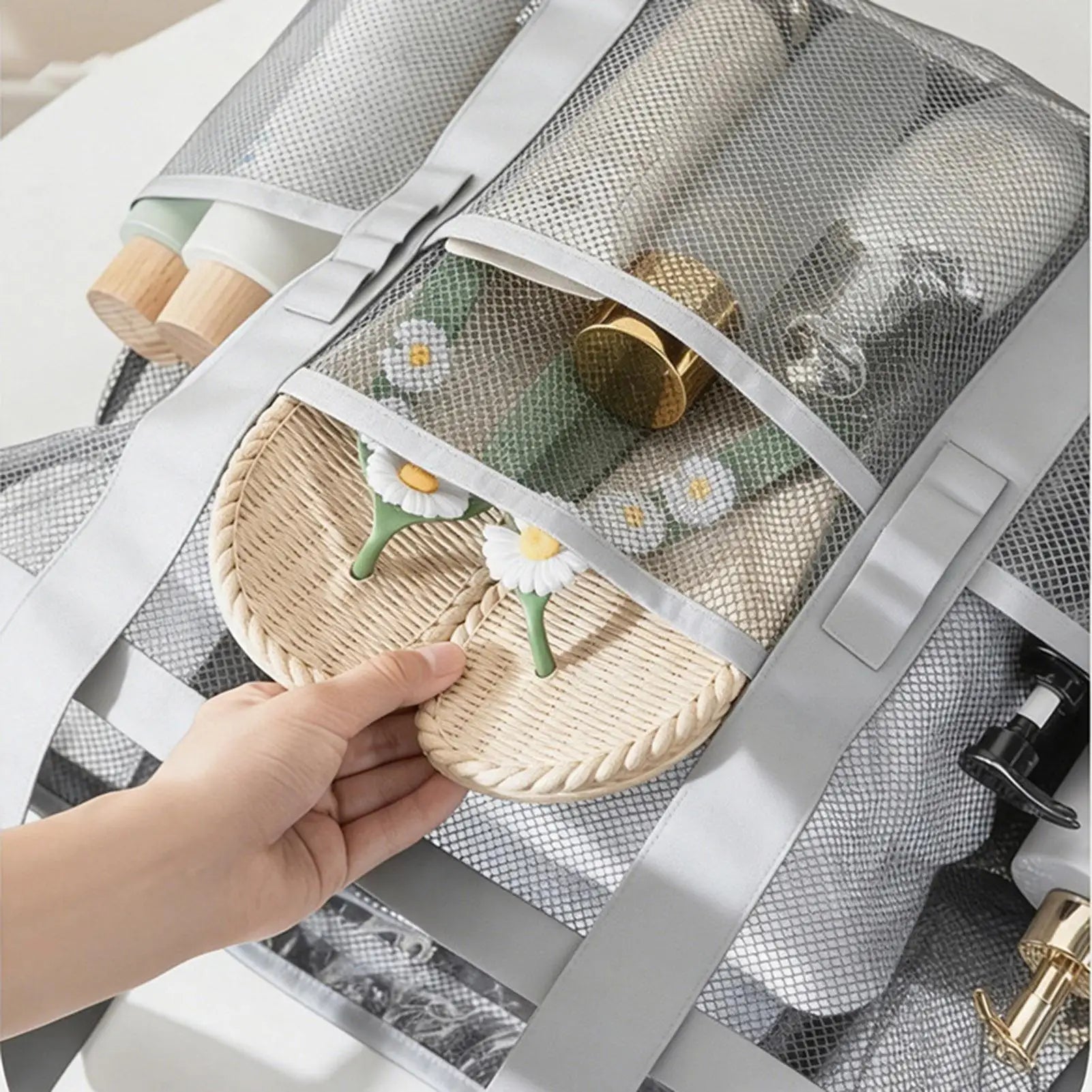 Womens Beach Bag Wide Handles Quick Dry Mesh Women Pool Tote Bag Toiletry Storage For Shoes Towel Makeup Toys Travel Gym Summer Peaceful Pleasures Health and Wellness