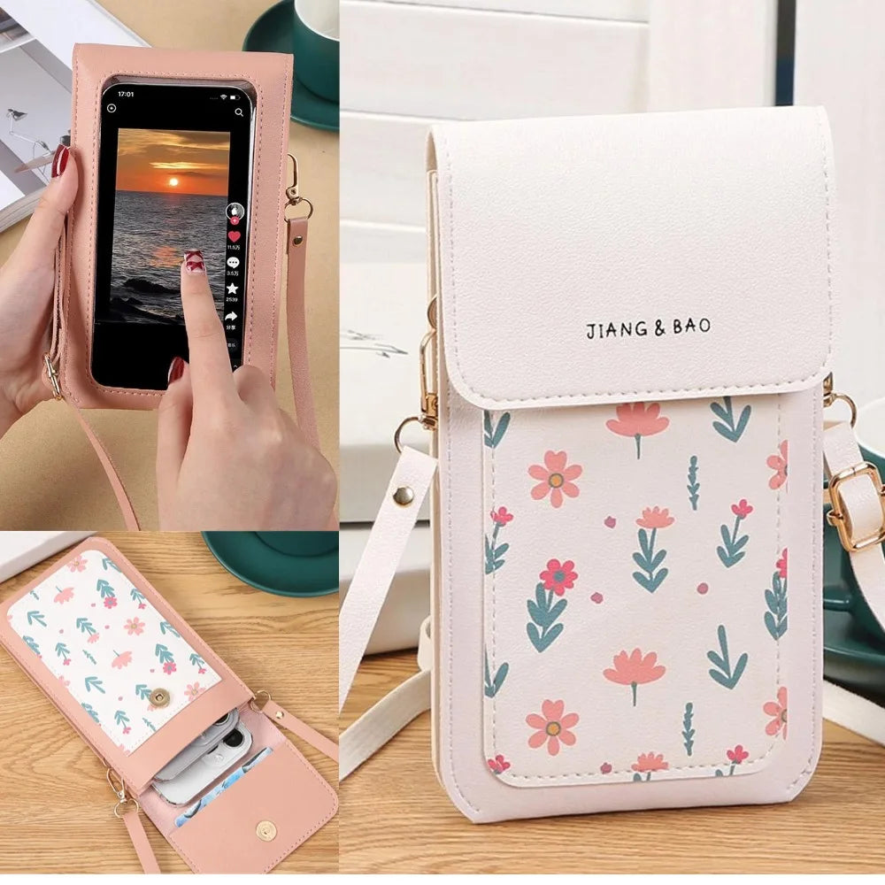 Floral Print Crossbody Phone Bag With Clear Touch Screen Window Mini Cell Phone Pouch Walle For Women Daily Travel Use Peaceful Pleasures Health and Wellness