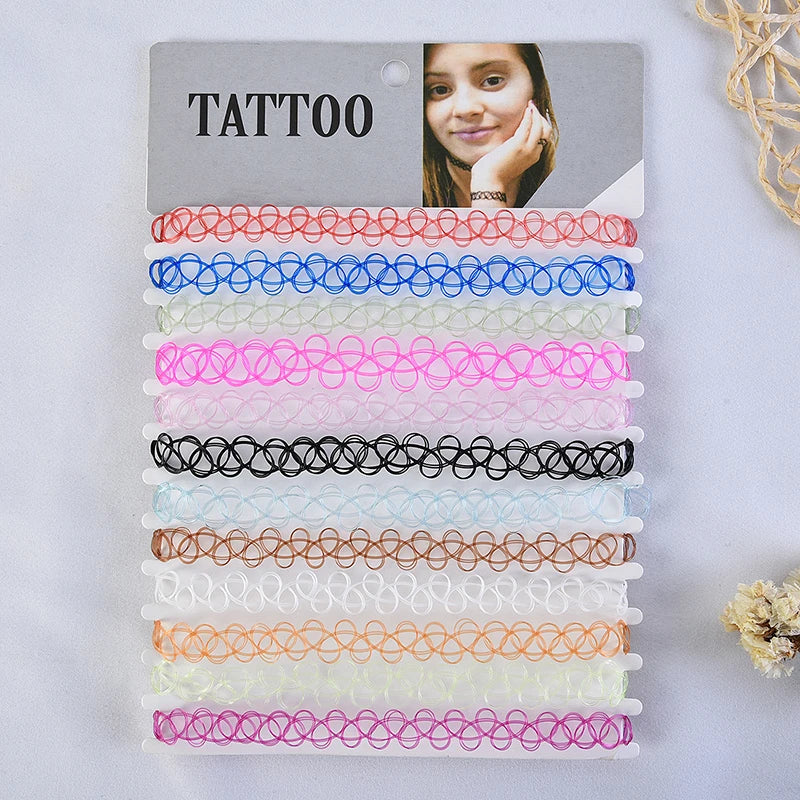 12-Pack Vintage Hippie Stretch Tattoo Choker Necklace Set