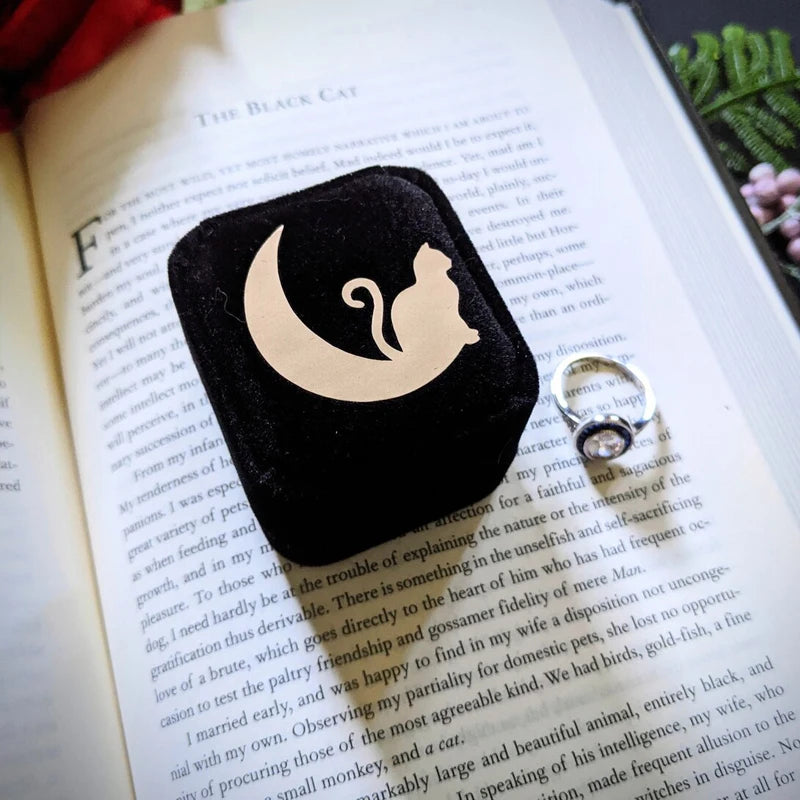 Cat on Moon Black Velvet Ring Box | Gothic Halloween Proposal Velvet Ring Box Peaceful Pleasures Health and Wellness