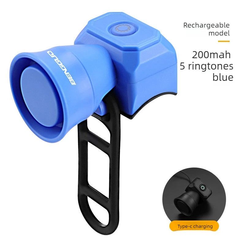 Bicycle Horn Mountain Bike Battery/USB Charging Waterproof Electronic Bike Bell Riding Equipment Children's Scooter Accessories Peaceful Pleasures Health and Wellness Tape-C-Blue