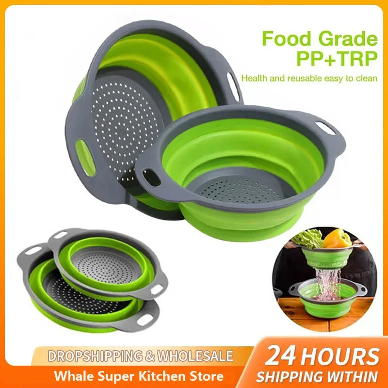 Silicone Folding Drain Basket Fruit Vegetable Washing Basket Foldable Strainer Colander Collapsible Drainer Kitchen Storage Tool Peaceful Pleasures Health and Wellness