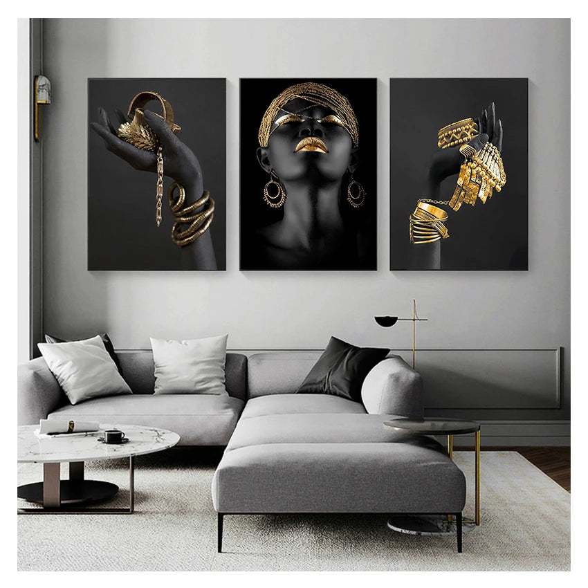 African Black Woman Canvas Wall Art | Gold Jewelry Poster Print Canvas Wall Art Peaceful Pleasures Health and Wellness