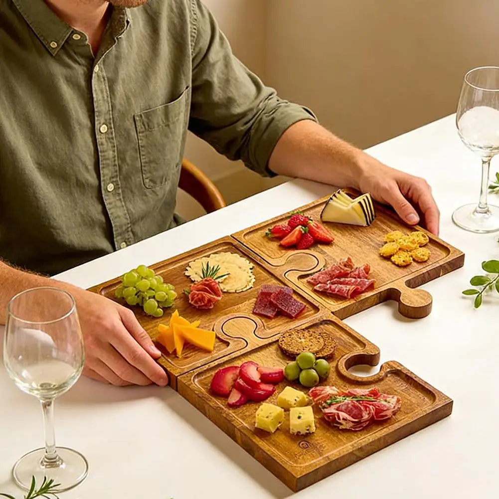 Wooden Puzzle Shaped Appetizer Tray Four Piece Set Cooked Food Board Kitchen Cutting Board Cooked Cheese Bread Charcuterie Board Peaceful Pleasures Health and Wellness