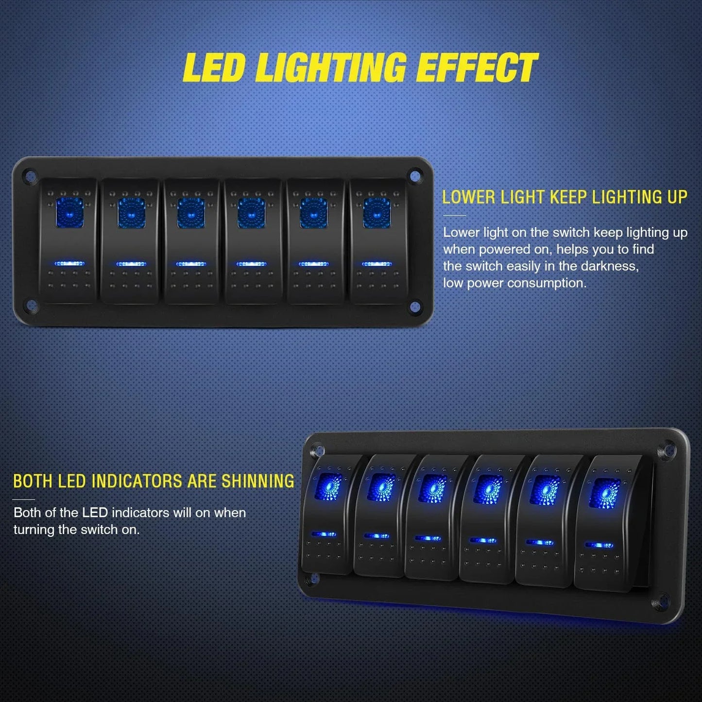 6 Gang Aluminum Rocker Switch Panel – Blue Backlit Peaceful Pleasures Health and Wellness