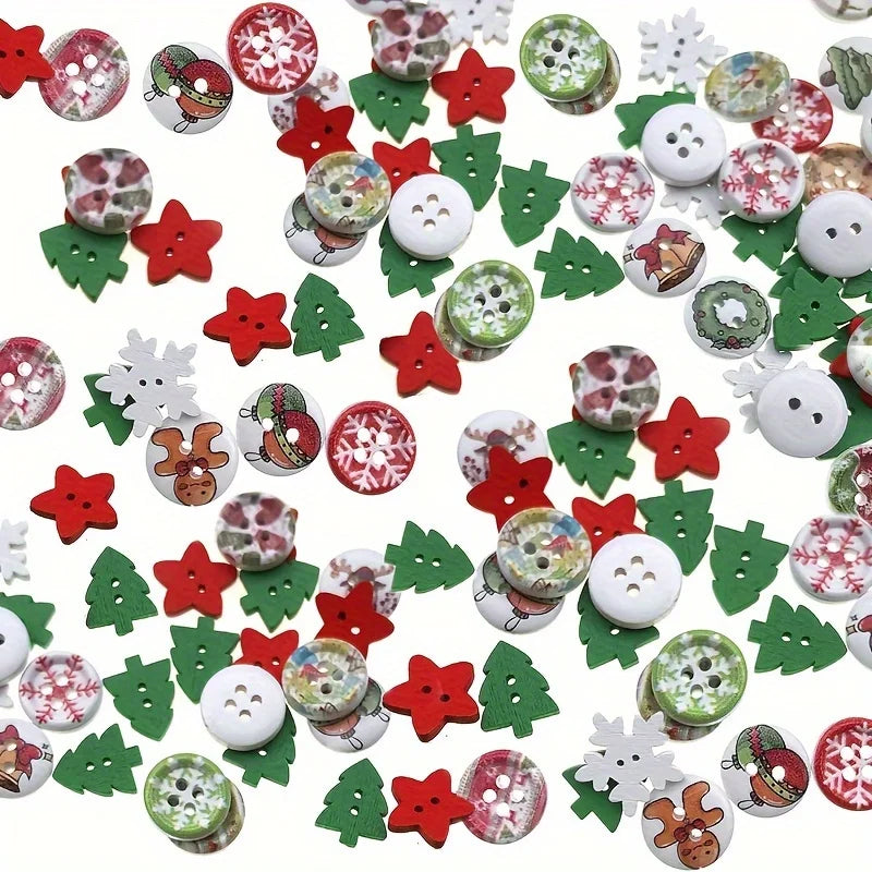 100 Wooden Christmas Buttons Variety Festive Patterns Sewing Crafts