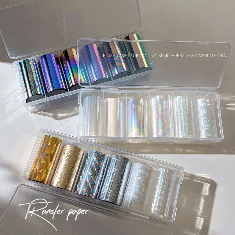 6 Rolls Holographic Aurora Nail Transfer Decals – Iridescent DIY