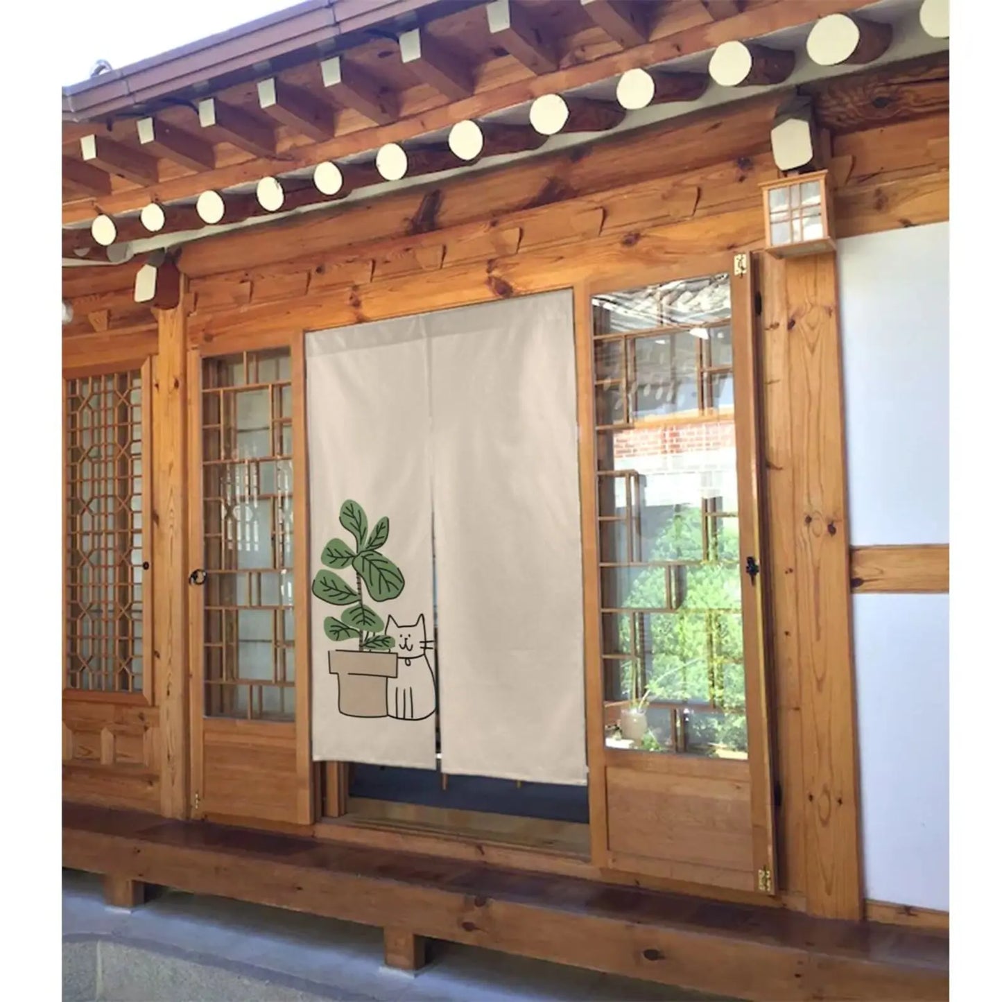 Cat & Plant Print Room Divider Curtain | 2-Panel Door Décor