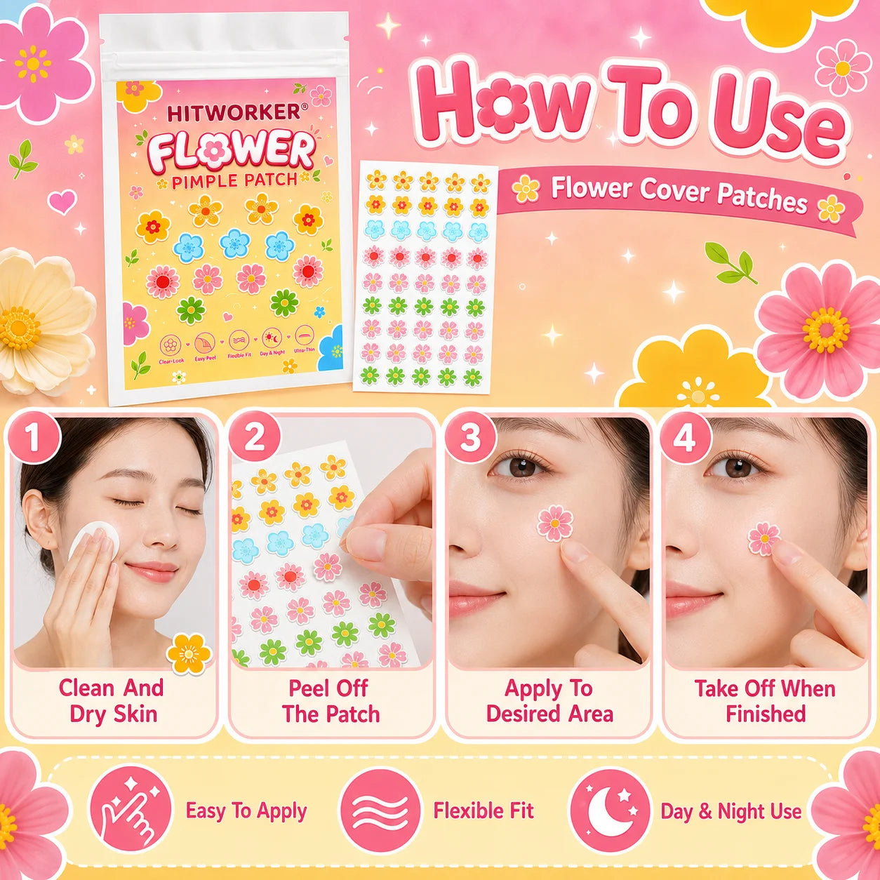Flower Hydrocolloid Spot Patches – Cute Face Stickers 40/100pc
