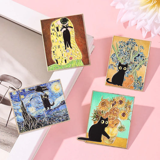 Van Gogh Oil Painting Black Cat Series Badge World Famous Zinc Alloy Peaceful Pleasures Health and Wellness