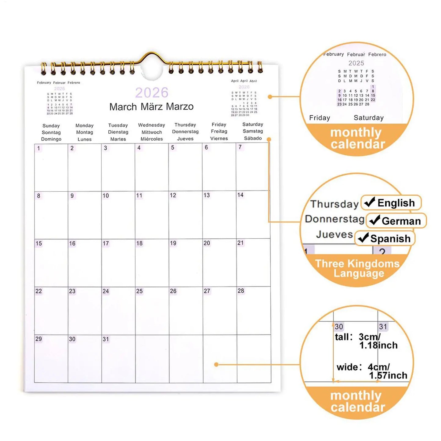 2026 Multilingual Wall Calendar 12 Month Coil Planner Modern Decorative Bedroom Dormitory Apartment School Workplace Supplies Peaceful Pleasures Health and Wellness