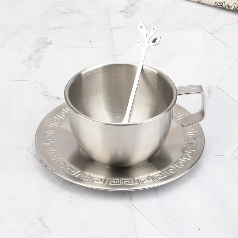 Hot 250ML Stainless Steel Small Cup with Handle Double Layer Hot Resistant Water Coffee Tea Cup Set with Plate and Spoon Cup Peaceful Pleasures Health and Wellness