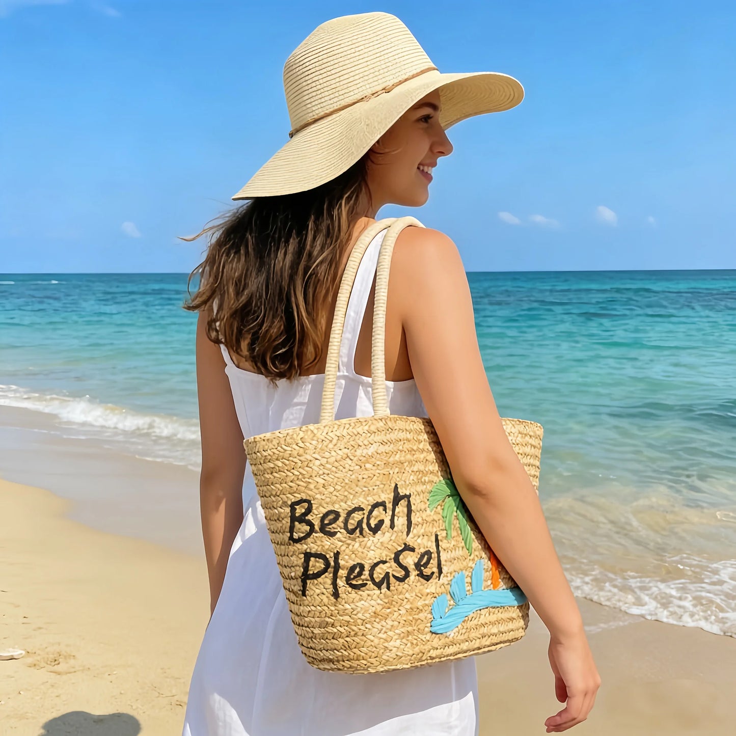 Bohemian Embroidery Straw Beach Tote Bag | Large Woven Shoulder Woven Straw Tote Bag Peaceful Pleasures Health and Wellness