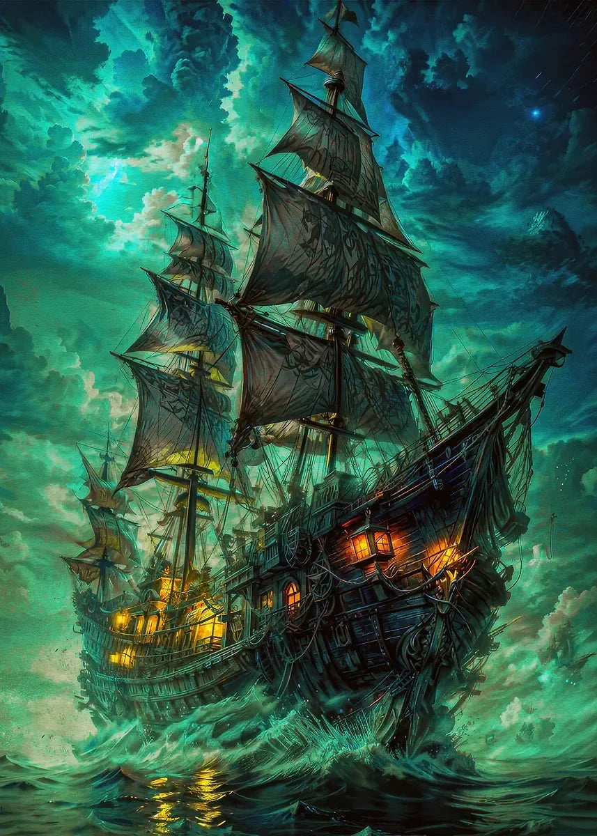 Pirate Ship Sailboat Sailing Ocean Moon Canvas Painting Poster Wall Picture Print for Living Room Home Decor Peaceful Pleasures Health and Wellness P5 40x60cm Unframed