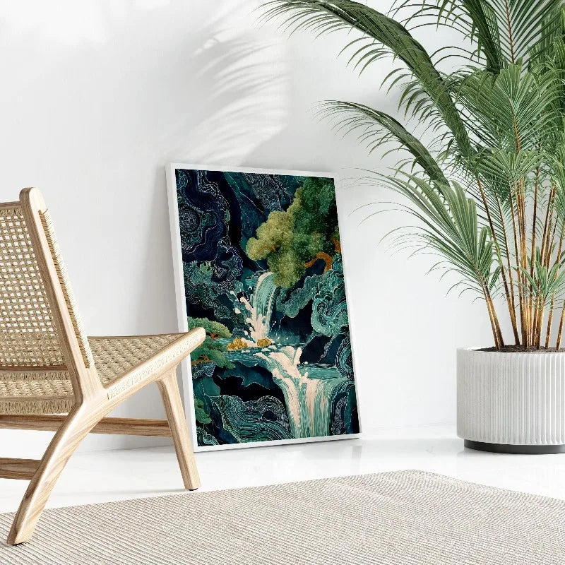 Hokusai Waterfall Oil Painting Print Japanese Ukiyo-e Blue Green Wall Art Modern Canvas Poster Living Room Bedroom Home Decor Peaceful Pleasures Health and Wellness