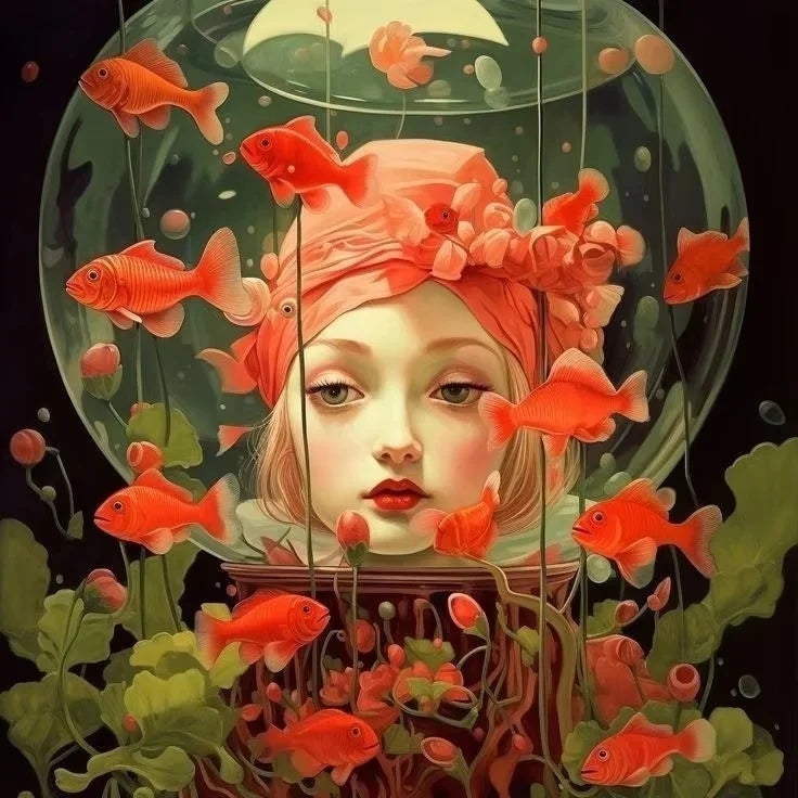 Surrealism Woman Portrait Canvas Painting Wall Art Wonderful Fantasy Fish and Girl Poster Prints for Living Room Home Decor Peaceful Pleasures Health and Wellness ZLH3531 20x20cm Unframed