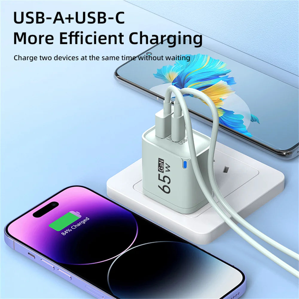 65W GaN USB-C PD Fast Charger | iPhone Samsung Travel QC 3.0