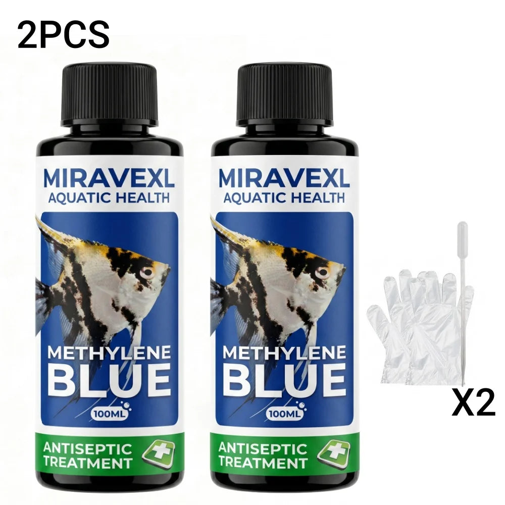 MIRAVEXL 100ml Methylene Blue Aquarium Fish Antiseptic Treatment Fungus Ich Parasite Cure Water Care Drops Pipette Gloves Set Peaceful Pleasures Health and Wellness 2PCS