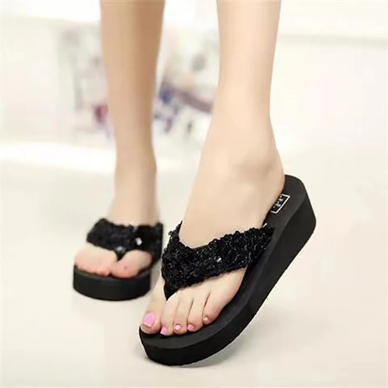 Women's Sequin Platform Flip Flops – Beach Thong Sandals