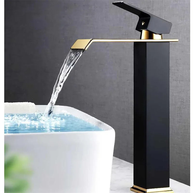 Gold & Black Waterfall Basin Faucet | Brass Bathroom Mixer Tap