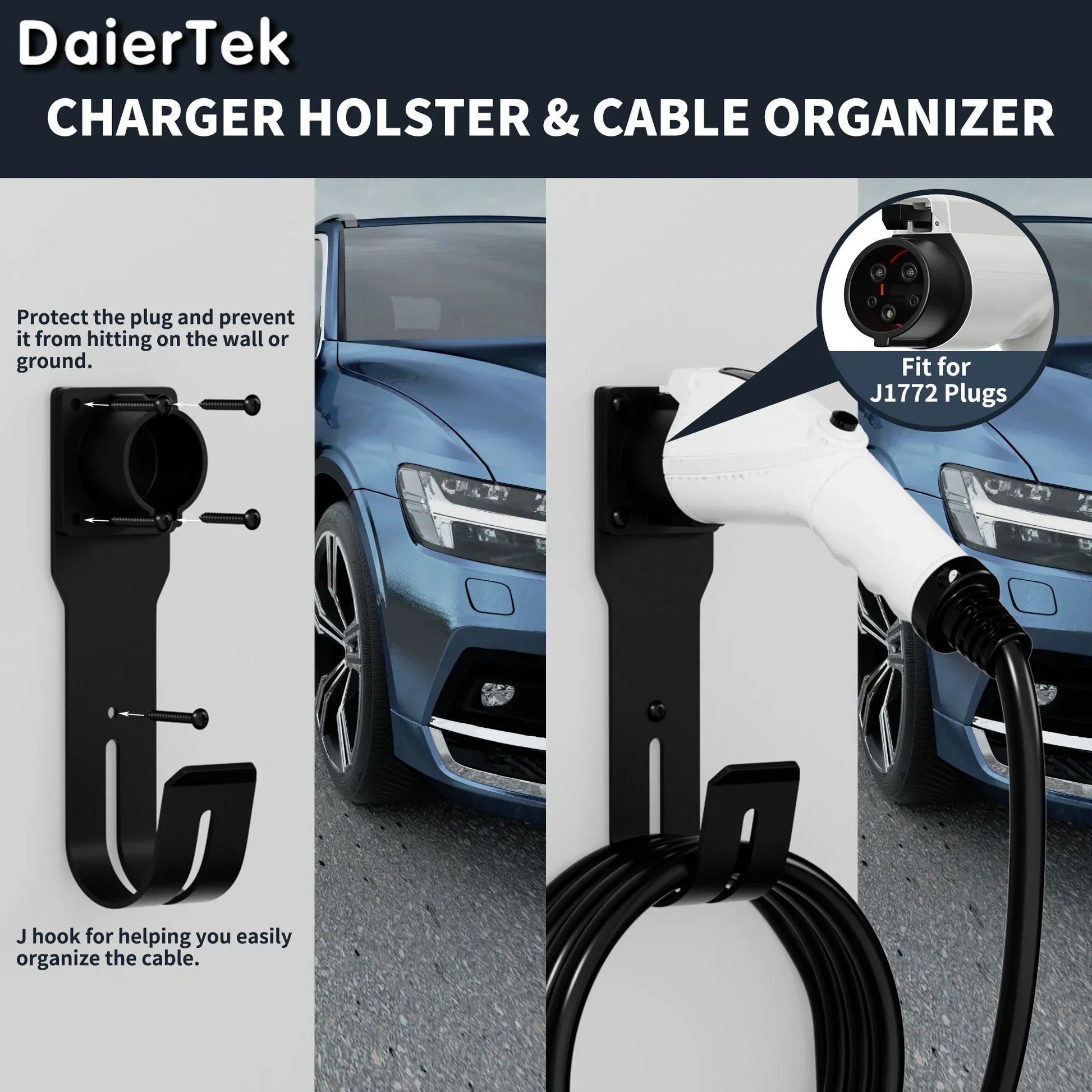 EV Charger Holder Wall Mount Kit EV Charger Holster Dock for SAE J1772 Connector J-Hook EV Charger Cable Holder EV Charging Box Peaceful Pleasures Health and Wellness