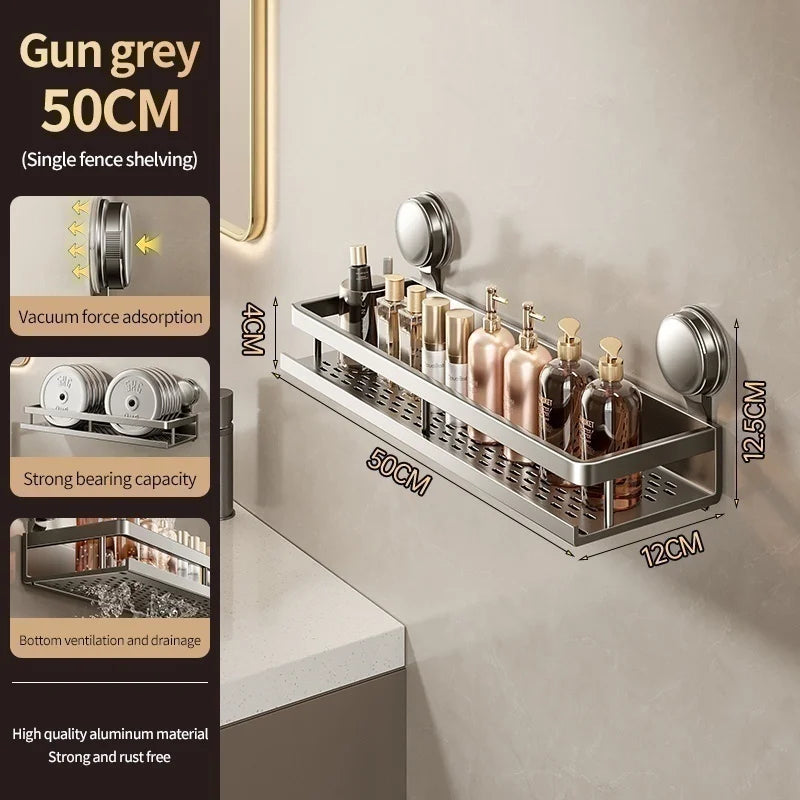 No-Drill Aluminum Bathroom Shelf | Suction Cup Wall Organizer