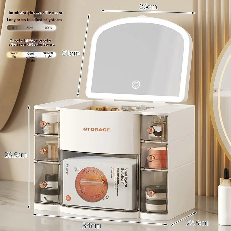 Large Capacity Cosmetic Storage Box with Mirror Dustproof Multifunctional Makeup Organizer Shelf for Vanity Table Home Use Peaceful Pleasures Health and Wellness White with Light