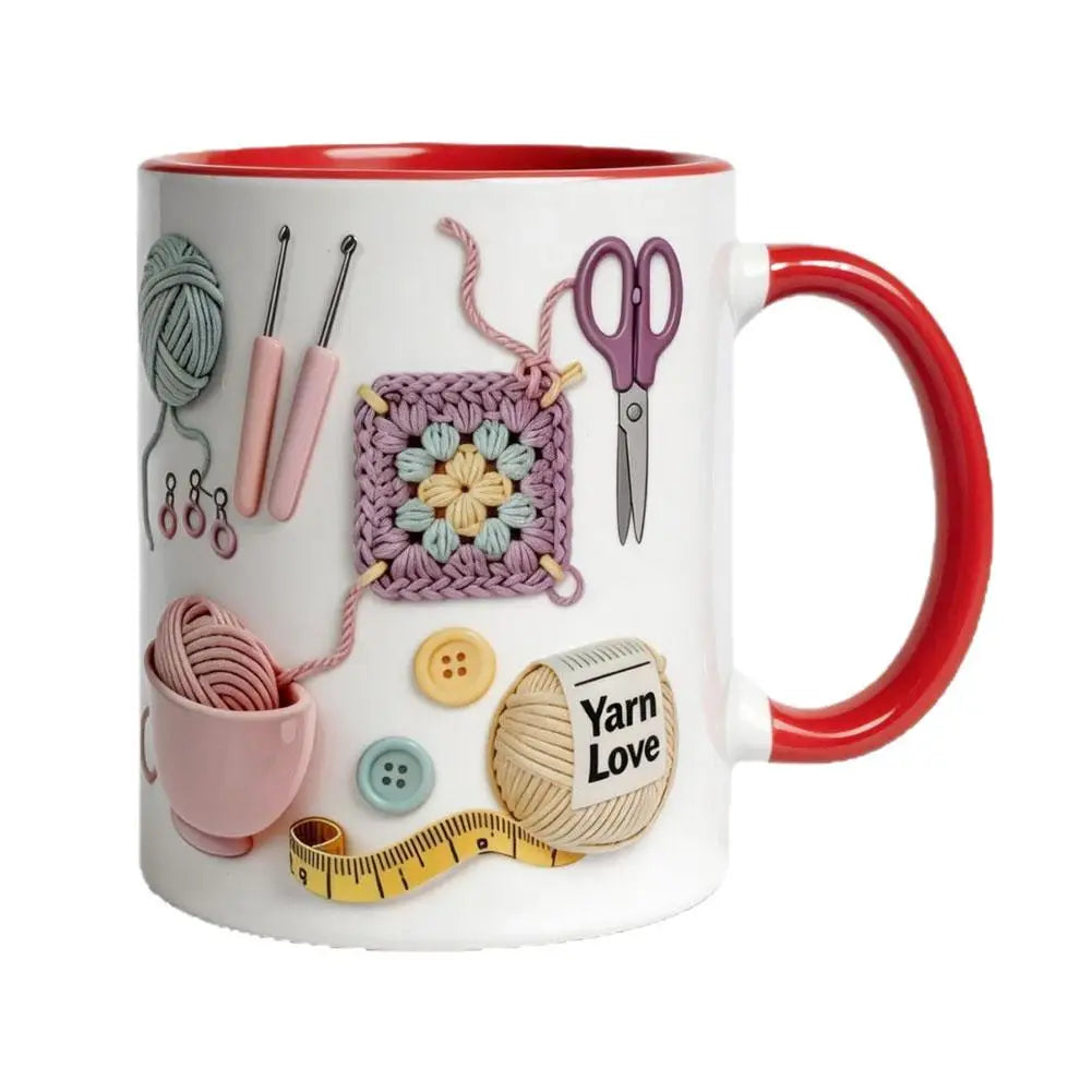 Knitting Tools Pattern Design Ceramic Mug Exquisite Creative Mug Home Office 2D Flat Print High Quality Handcrafted Art Mug Gift Peaceful Pleasures Health and Wellness