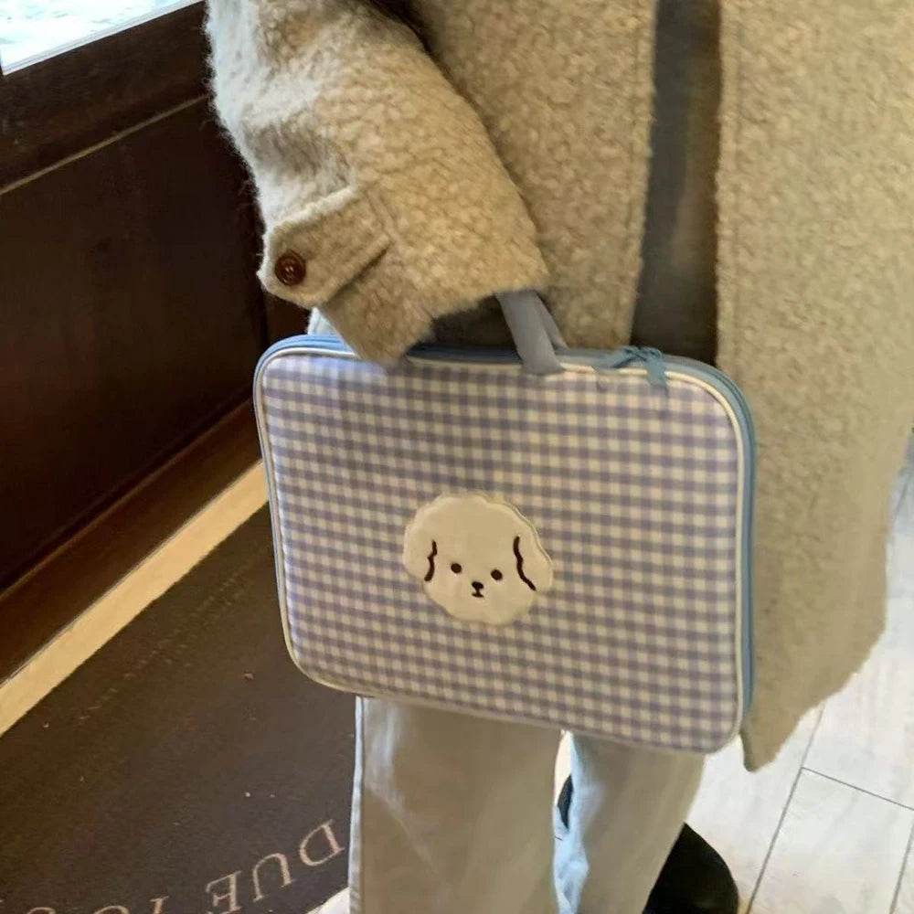 Little Bear Blue Checkerboard 13 Computer Bag Korean Cute Cartoon