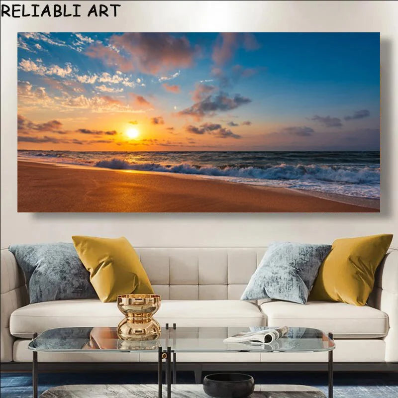 Modern Large Size Landscape Poster Wall Art Canvas Painting Sunset Beach Picture For Living Room Bedroom Home Decor No Frame Peaceful Pleasures Health and Wellness x sea 111-10 50x100cm