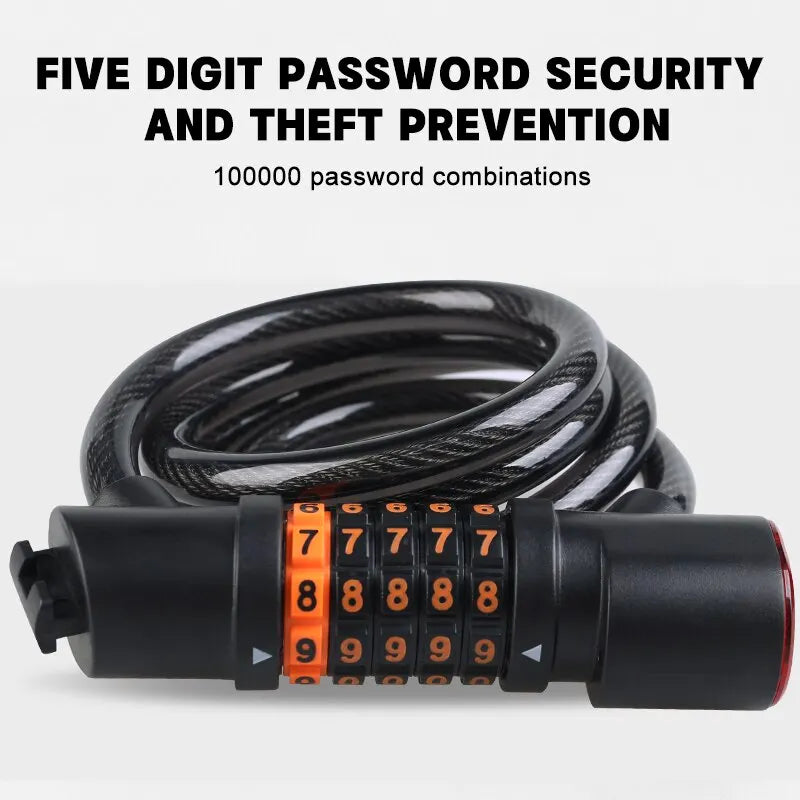 Bike Lock with Tail Light – 5-Digit Steel Cable Combo Lock