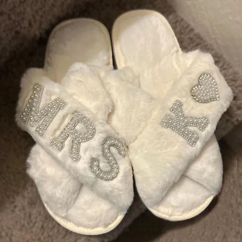 Personalized Pearl Letter Fluffy Slippers | Bridal & Mrs Gift Bridal Slippers Peaceful Pleasures Health and Wellness