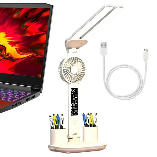 LED Desk Lamp with Fan, Pen Holder & 3 Light Modes – USB