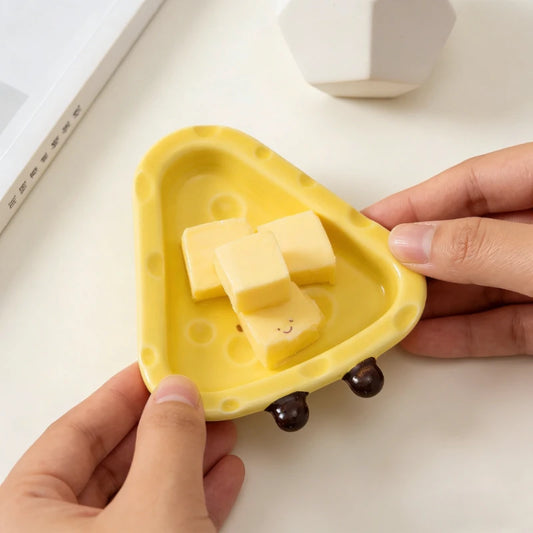 Cute Cheese Shape Ceramic Ornament Creative Hand Painted Underglaze Small Dish Exquisite Household Desktop Decoration Accessory Peaceful Pleasures Health and Wellness