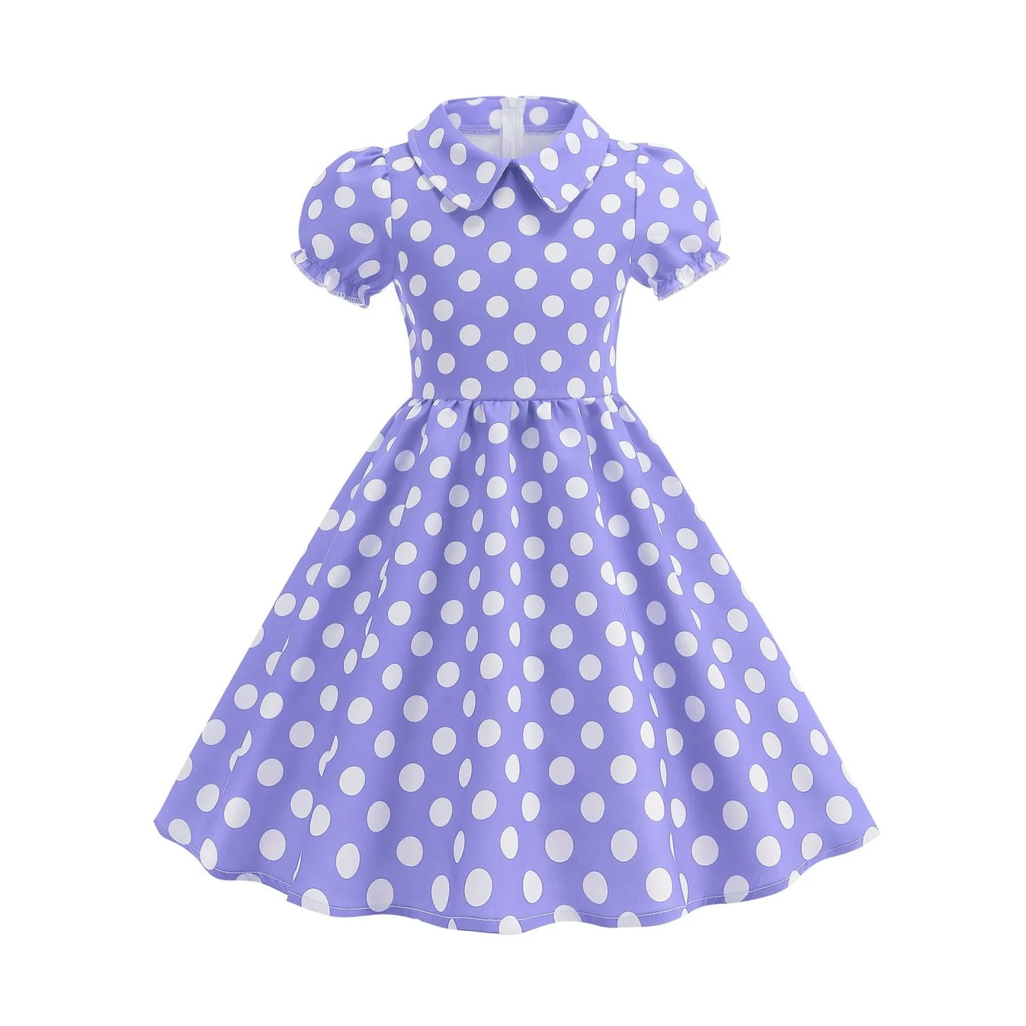 2025 Children Little Girl Vintage Summer Short Dress Turn Down Collar Polka Dot Print Cotton Princess Cocktail Dresses 1950s 60s Peaceful Pleasures Health and Wellness Purple 130