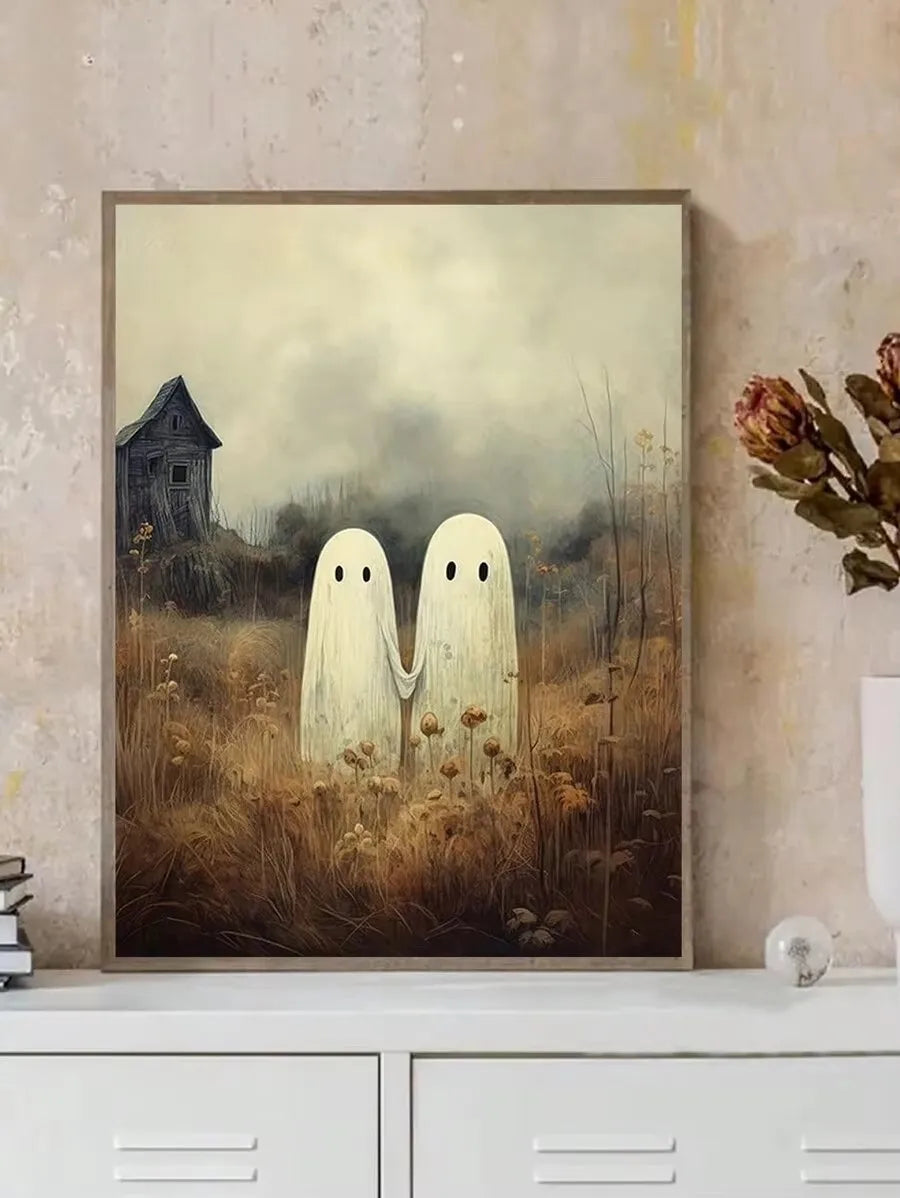 Retro Cute Ghost Companion & Reads Book Canvas Prints Monster Holds Black Cat Wall Art Poster for Living Room Halloween Decor Peaceful Pleasures Health and Wellness ZLH5078 40x50cm No Frame
