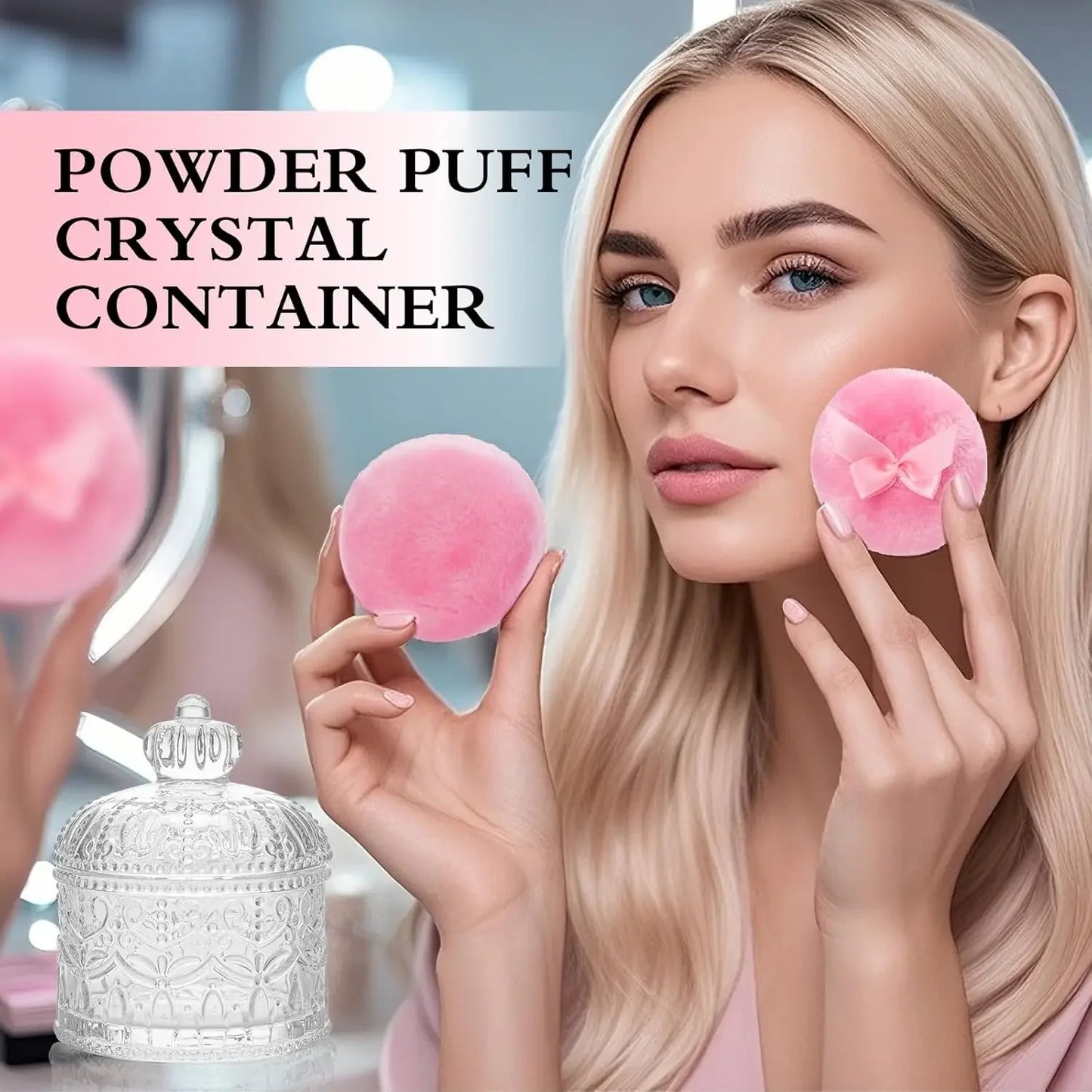 2-Piece Velour Powder Puff Set with Crystal Glass Container, Soft Washable for Face and Body Makeup Peaceful Pleasures Health and Wellness