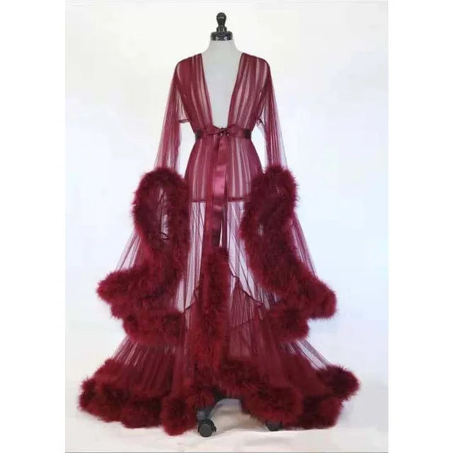 Deep V-Neck Lace Feather Maternity Gown | Photo Shoot Dress