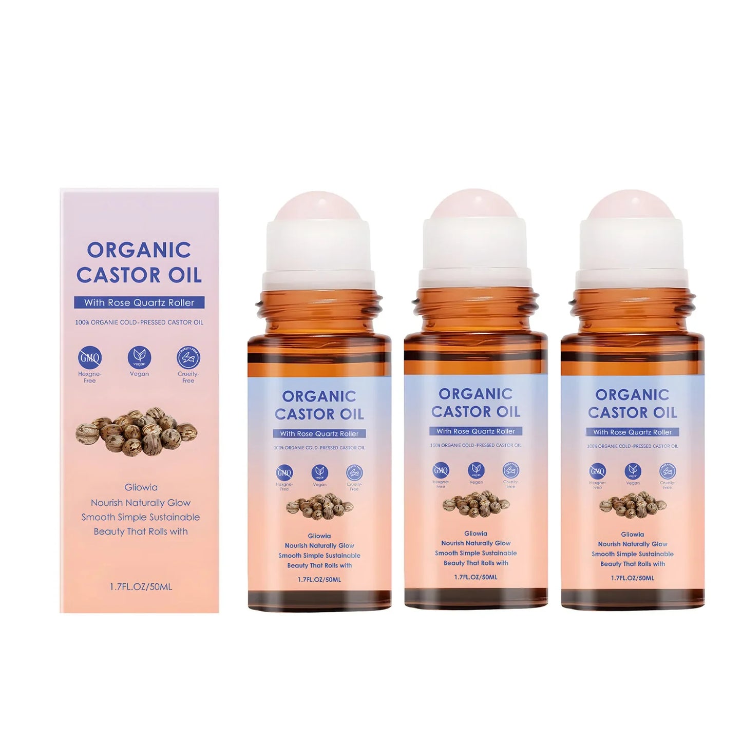Organic Castor Oil Rose Quartz Roller Ball | Pure Cold-Pressed 50ml