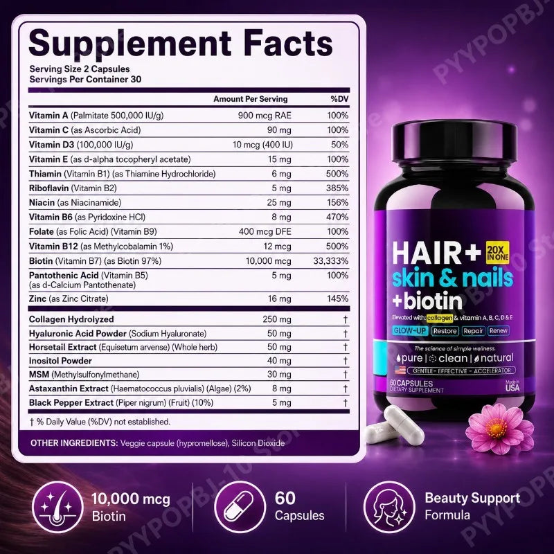 Hair Skin Nails Formula | Biotin 10000mcg, Collagen & Hyaluronic Acid