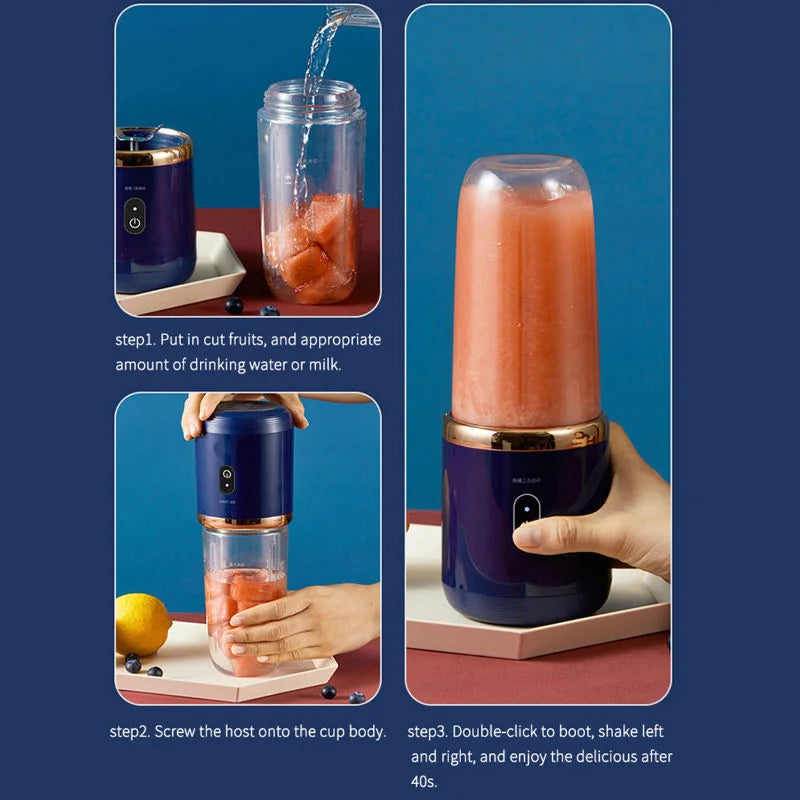 Powerful Quiet Twin-Gear Electric Juicer Easy Clean Operation Portable Smoothie Maker with Wireless Charging 300mL Capacity Peaceful Pleasures Health and Wellness