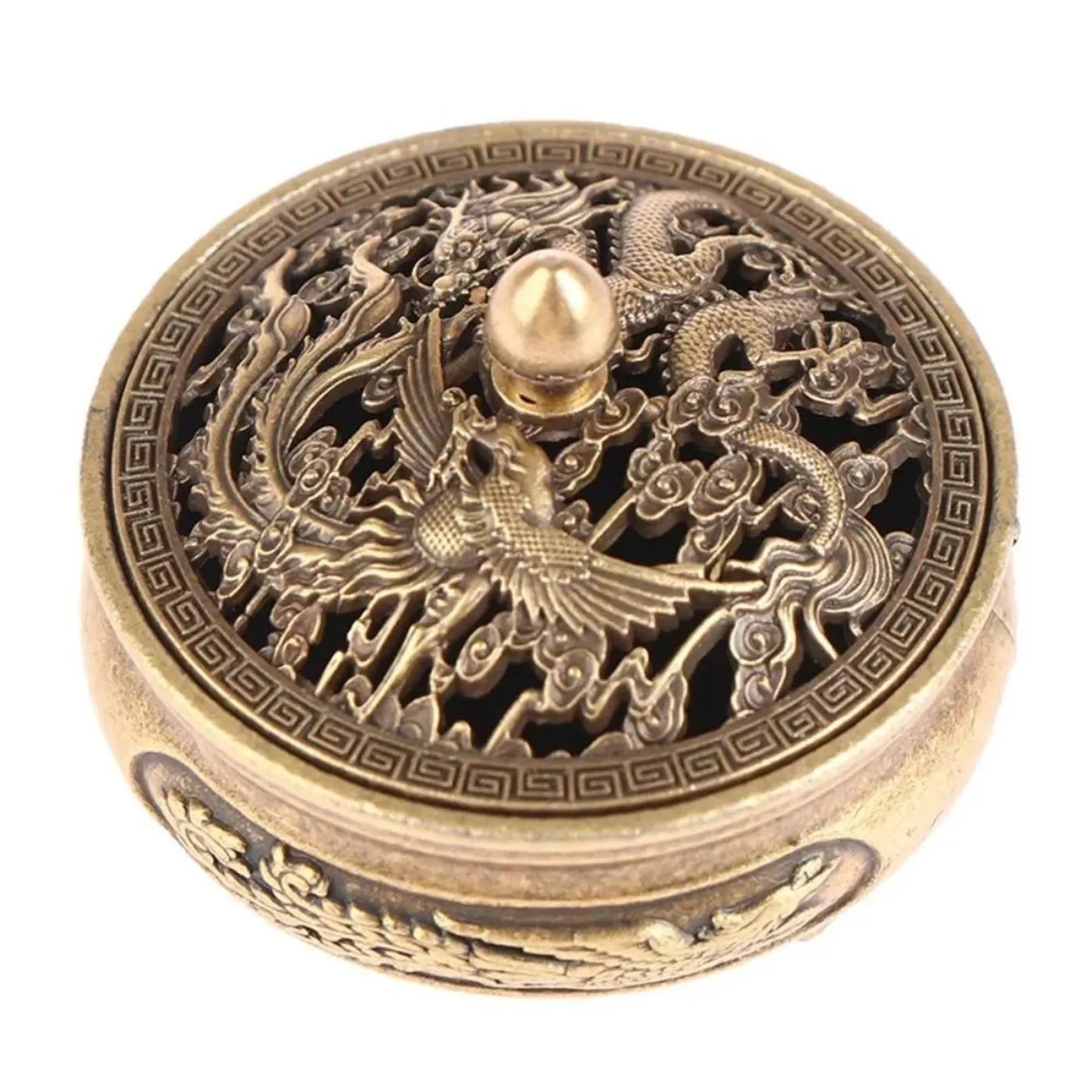 Antique Brass Hollow Dragon Phoenix Incense Burner Incense Mini Ornaments for Home Chinese Ancient Tea Desk Decor Indoor Perfume Peaceful Pleasures Health and Wellness