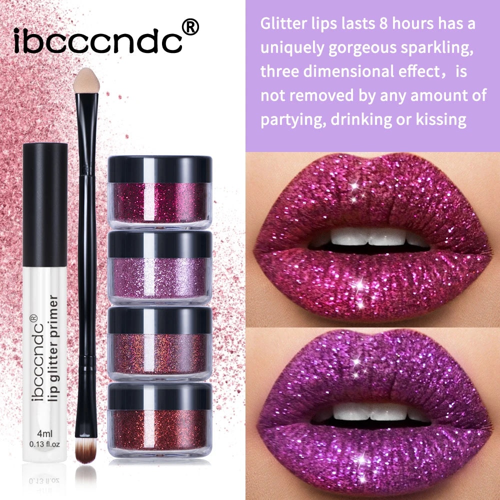 4Color Glitter Lip Gloss Set, Diamond Metallic High Pigment Powder for Lip Makeup, Glitter Lip Makeup, with Lip Primer and Brush Peaceful Pleasures Health and Wellness
