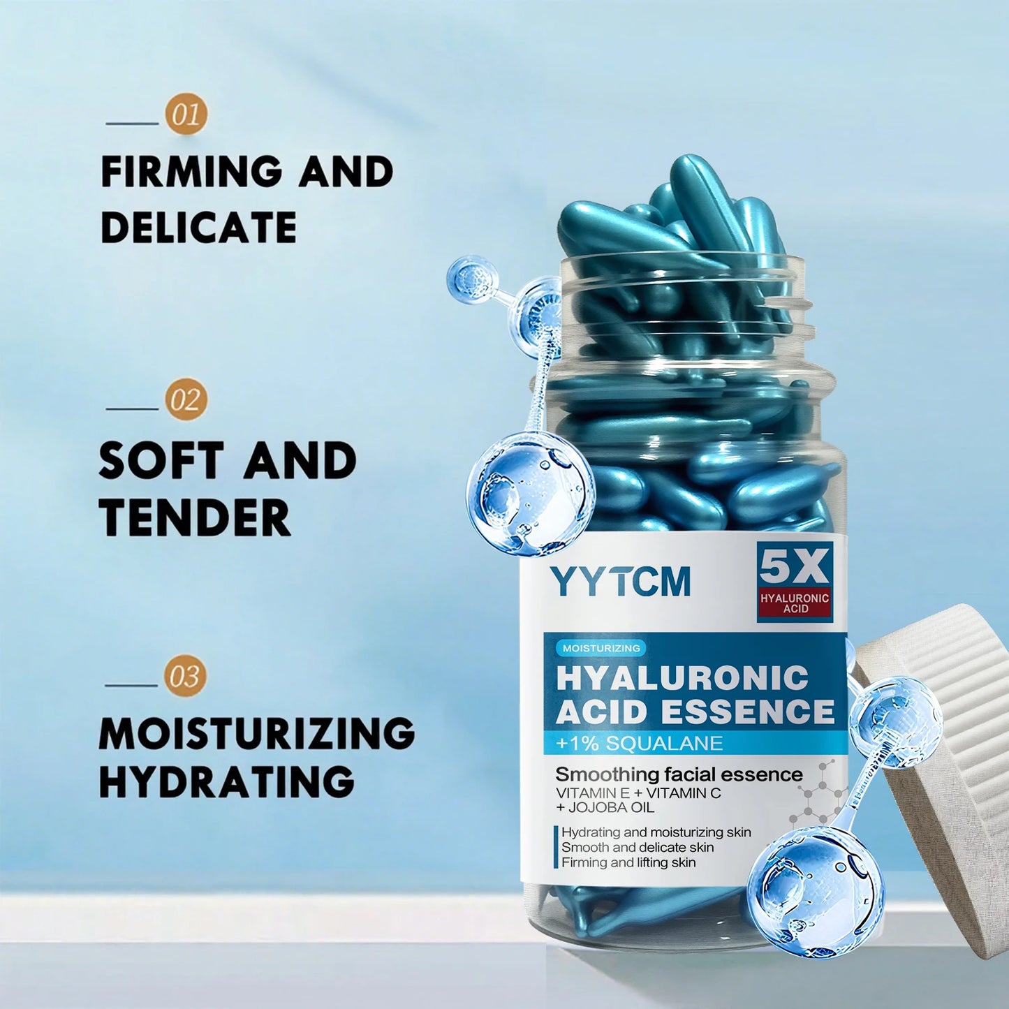 Hyaluronic Acid Deep Moisturizing Capsule Essence, Hydrates and Smooths the Skin, Contains Plant-Derived Squalane, Vitamin E, Vitamin C, Deep Moisturizing and Brightening Skin Essence (0.4Gx90 Capsules)/Bottle-1 Bottle Peaceful Pleasures Health and Wellness