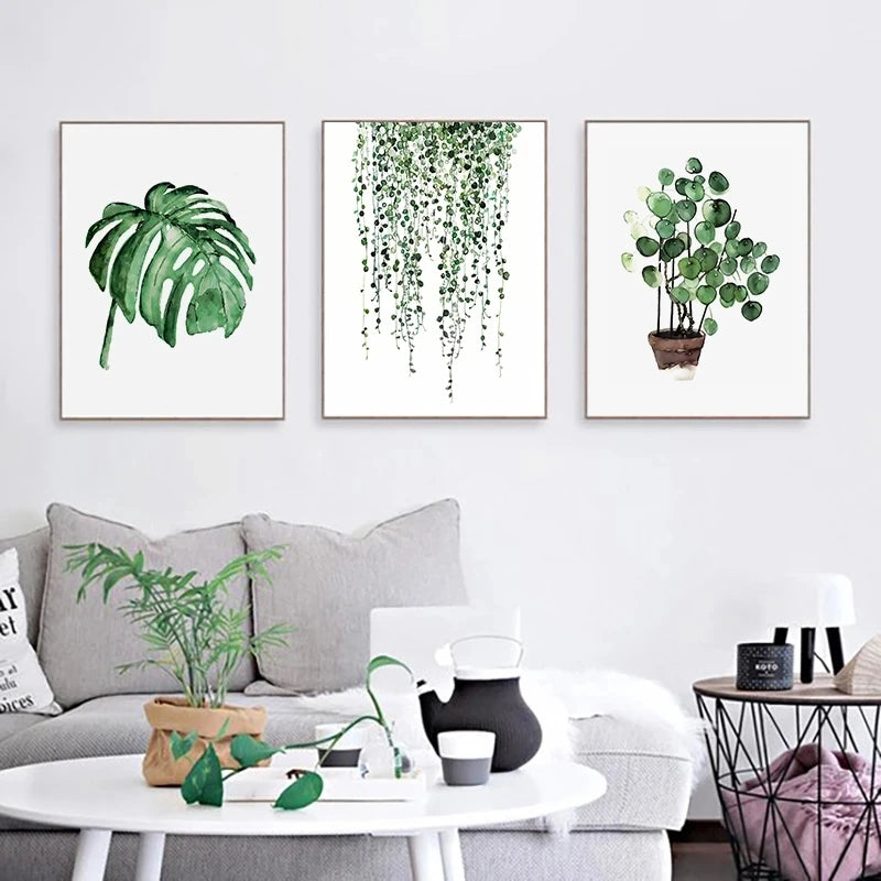Tropical Nordic Green Leaves Canvas Wall Art | Botanical Print