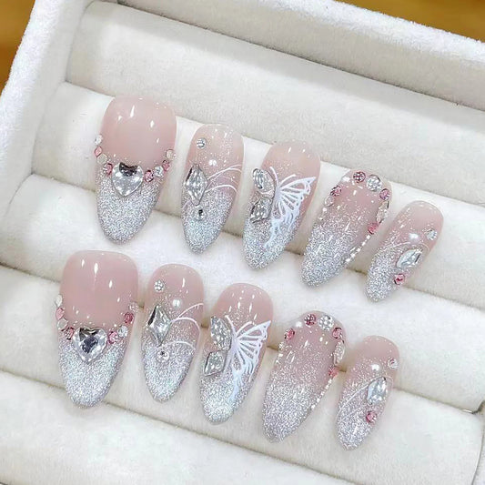Handmade Press on Nails French Pink Cat Eye Fake Nails with Glitter Love Crystal Design Almond False Nails for Women Wearable Peaceful Pleasures Health and Wellness